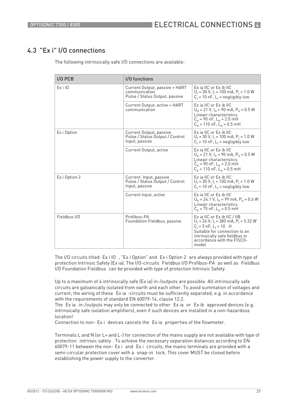Electrical connections, 3 "ex i" i/o connections | KROHNE OPTISONIC 7300 Ex EN User Manual | Page 27 / 36