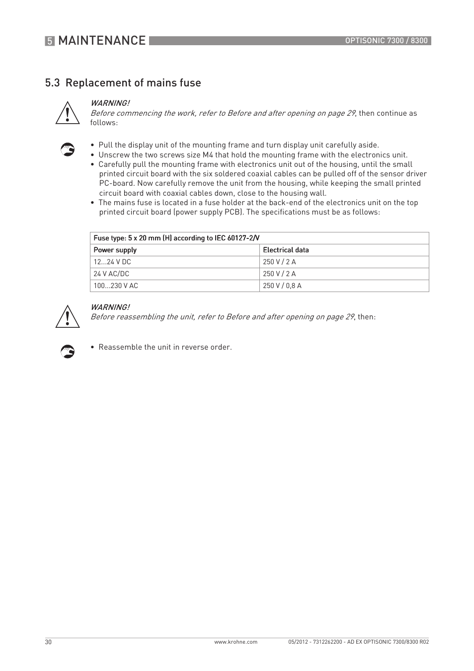 Maintenance, 3 replacement of mains fuse | KROHNE OPTISONIC 7300 Ex EN User Manual | Page 30 / 36