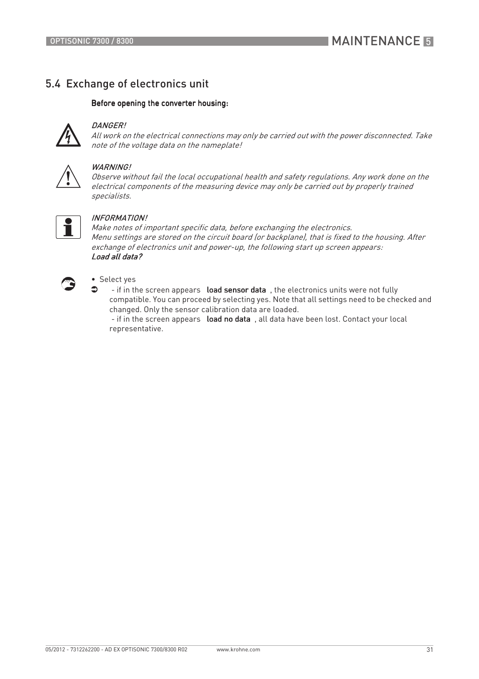 Maintenance, 4 exchange of electronics unit | KROHNE OPTISONIC 7300 Ex EN User Manual | Page 31 / 36