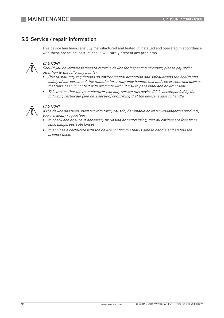 Maintenance, 5 service / repair information | KROHNE OPTISONIC 7300 Ex EN User Manual | Page 34 / 36