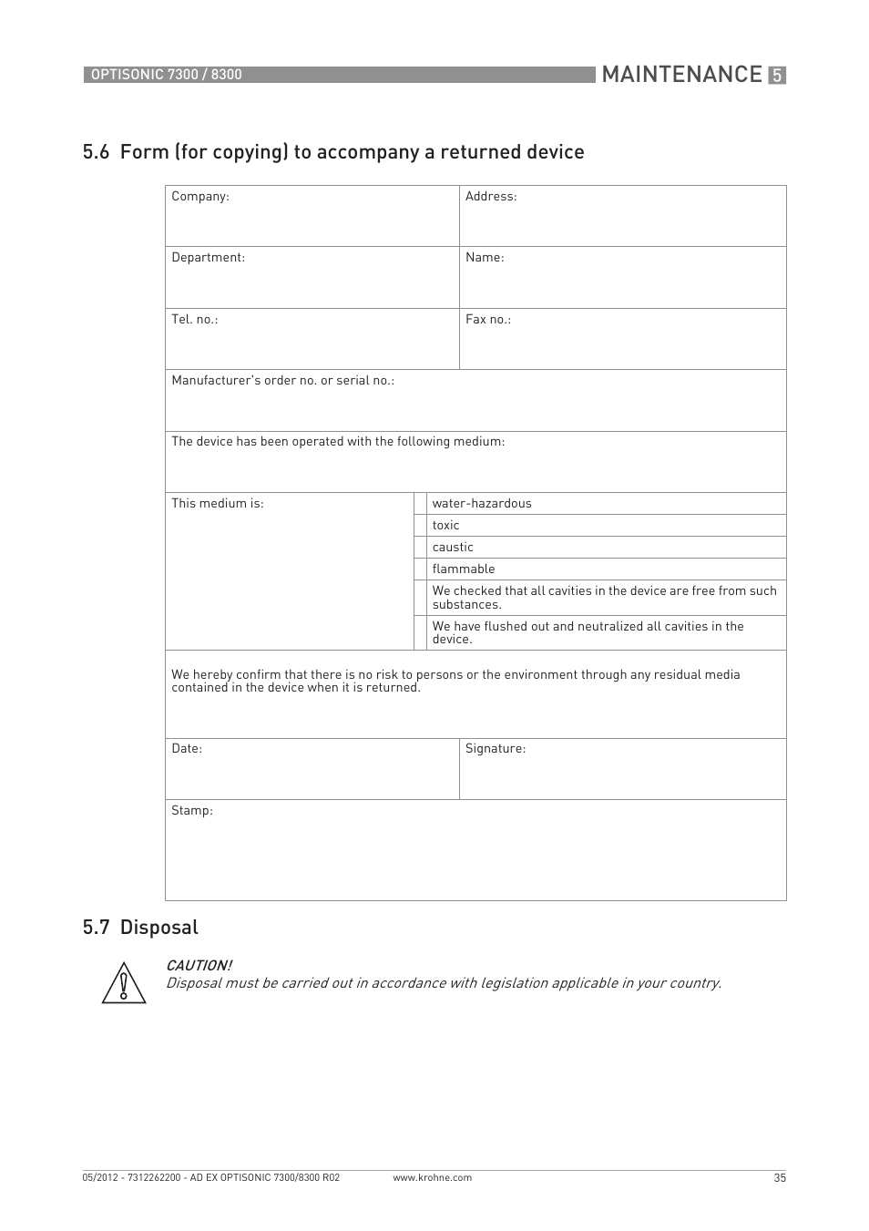 Maintenance | KROHNE OPTISONIC 7300 Ex EN User Manual | Page 35 / 36