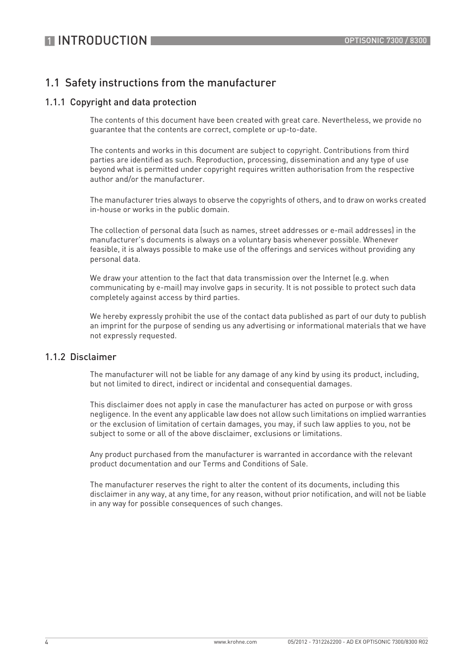 Introduction, 1 safety instructions from the manufacturer | KROHNE OPTISONIC 7300 Ex EN User Manual | Page 4 / 36