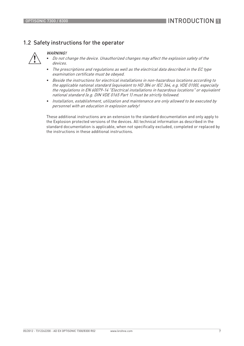 Introduction, 2 safety instructions for the operator | KROHNE OPTISONIC 7300 Ex EN User Manual | Page 7 / 36