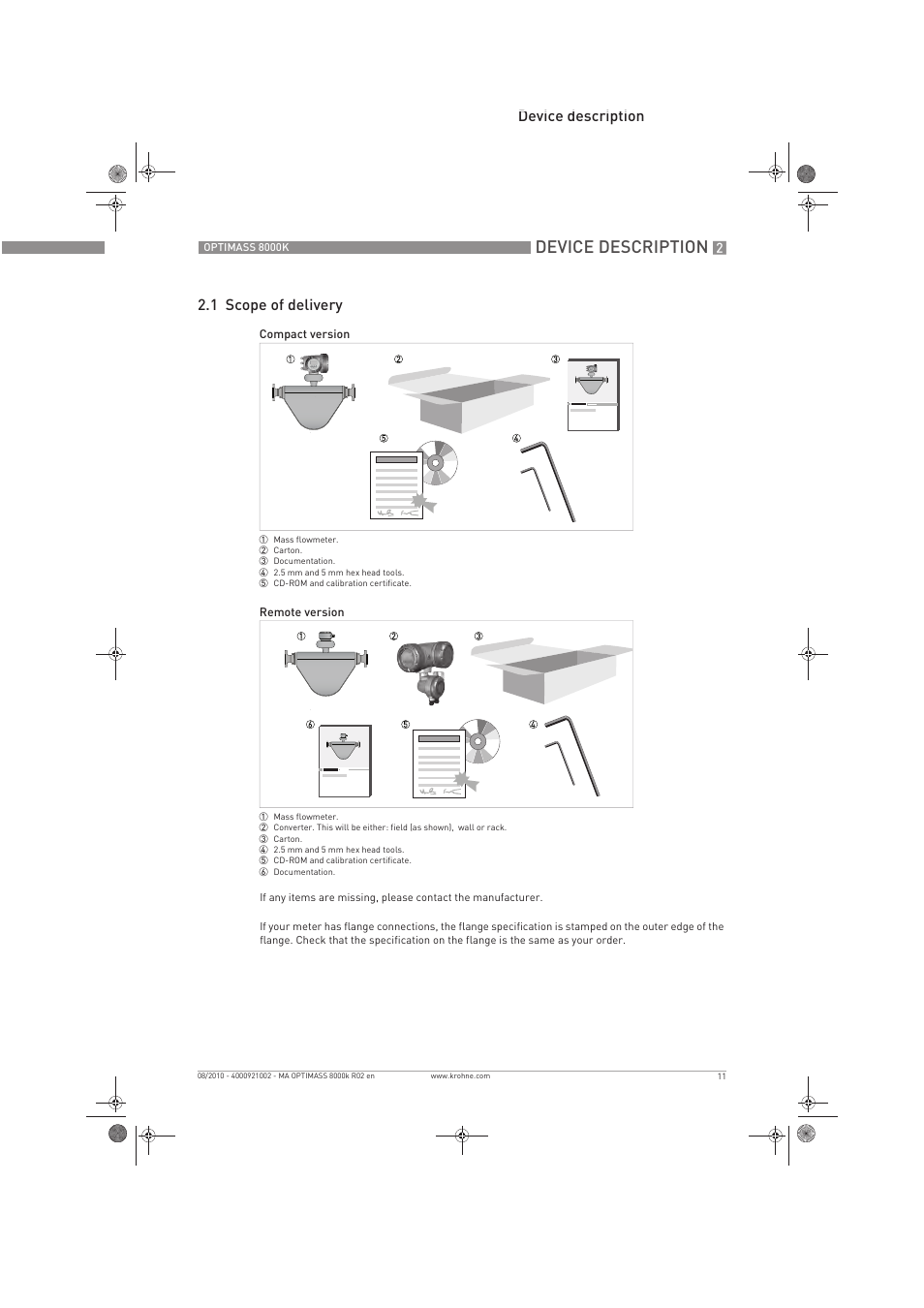Device description, Device description 2.1 scope of delivery | KROHNE OPTIMASS 8000K EN User Manual | Page 11 / 48