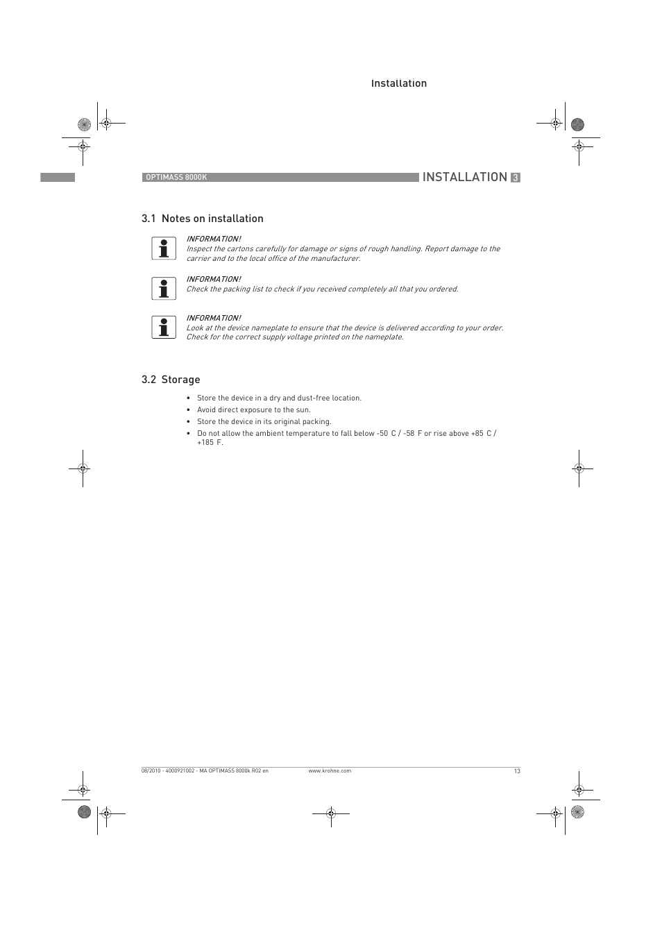 Installation | KROHNE OPTIMASS 8000K EN User Manual | Page 13 / 48