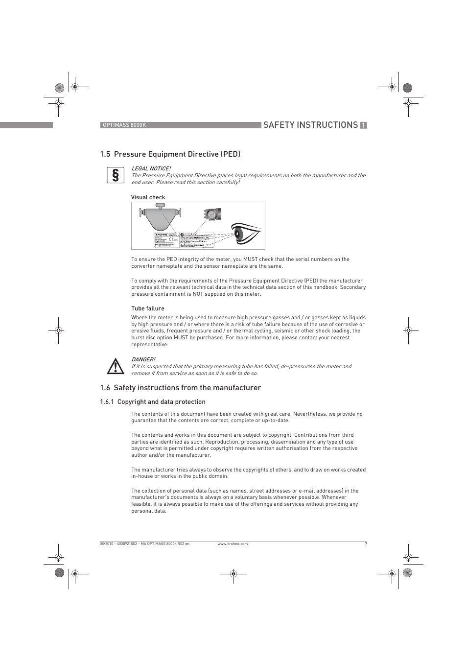 Safety instructions, 5 pressure equipment directive (ped), 6 safety instructions from the manufacturer | KROHNE OPTIMASS 8000K EN User Manual | Page 7 / 48