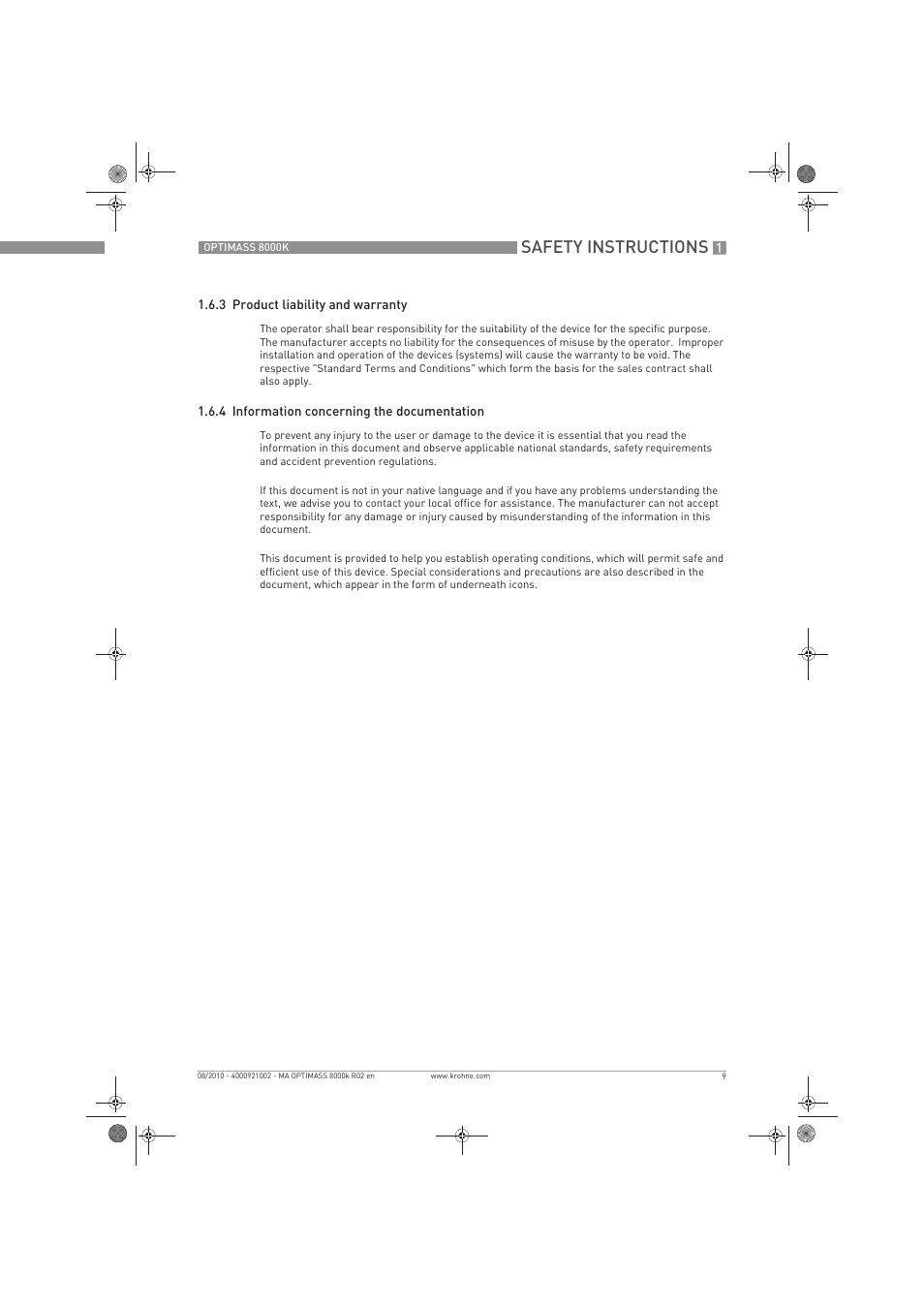 Safety instructions | KROHNE OPTIMASS 8000K EN User Manual | Page 9 / 48