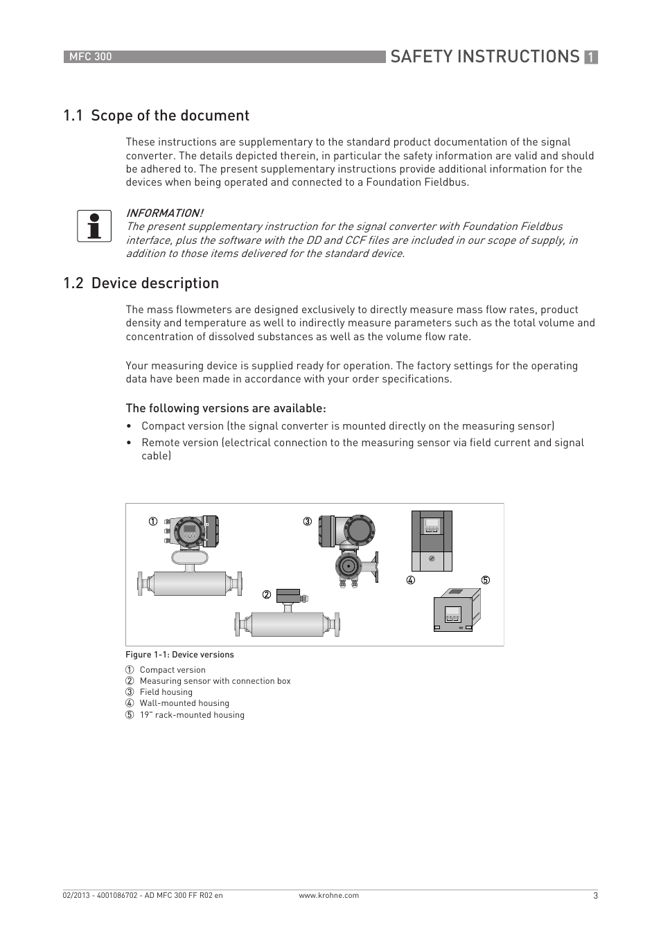 Safety instructions, 1 scope of the document, 2 device description | KROHNE MFC 300 FOUNDATION FIELDBUS EN User Manual | Page 3 / 60