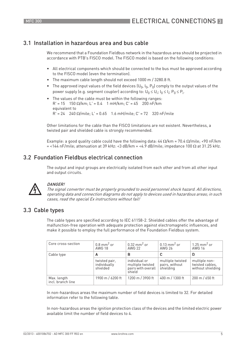 Electrical connections, 1 installation in hazardous area and bus cable, 2 foundation fieldbus electrical connection | 3 cable types | KROHNE MFC 300 FOUNDATION FIELDBUS EN User Manual | Page 5 / 60