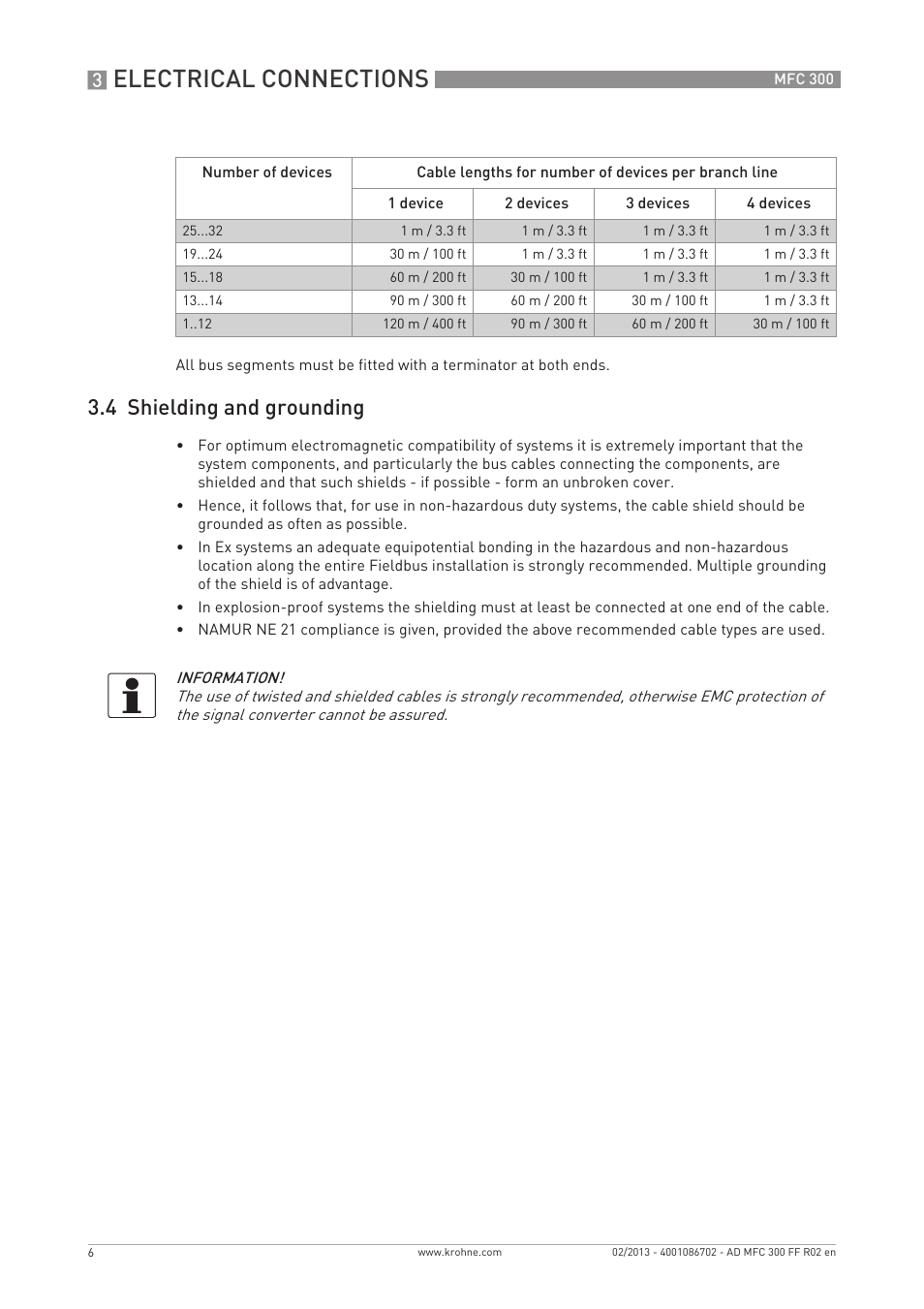 Electrical connections, 4 shielding and grounding | KROHNE MFC 300 FOUNDATION FIELDBUS EN User Manual | Page 6 / 60