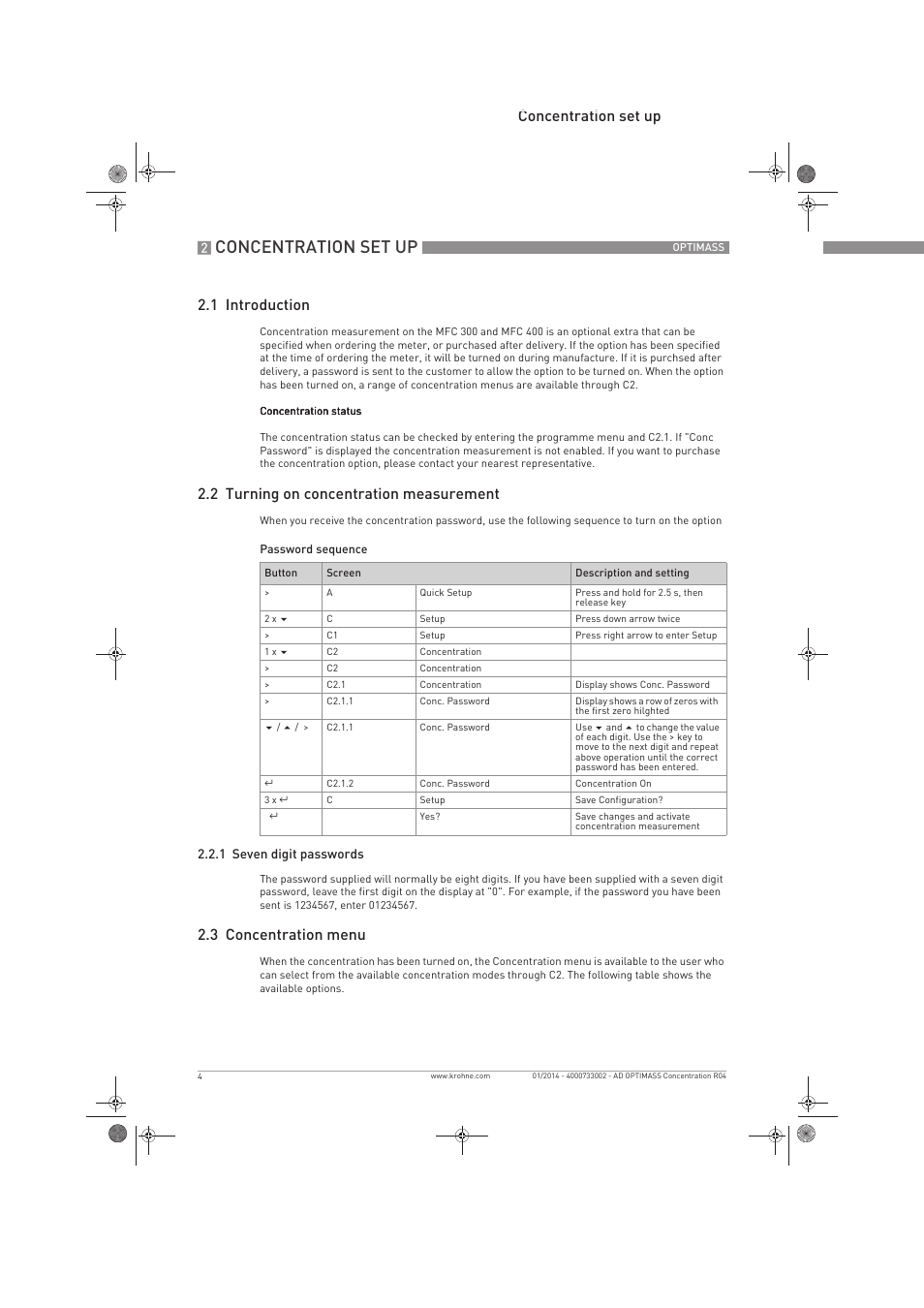 Concentration set up, Concentration set up 2.1 introduction, 2 turning on concentration measurement | 3 concentration menu | KROHNE OPTIMASS Sensors Concentration Measurement EN User Manual | Page 4 / 16