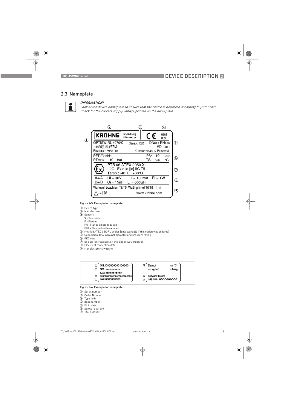 Device description, 3 nameplate | KROHNE OPTISWIRL 4070 EN User Manual | Page 17 / 84