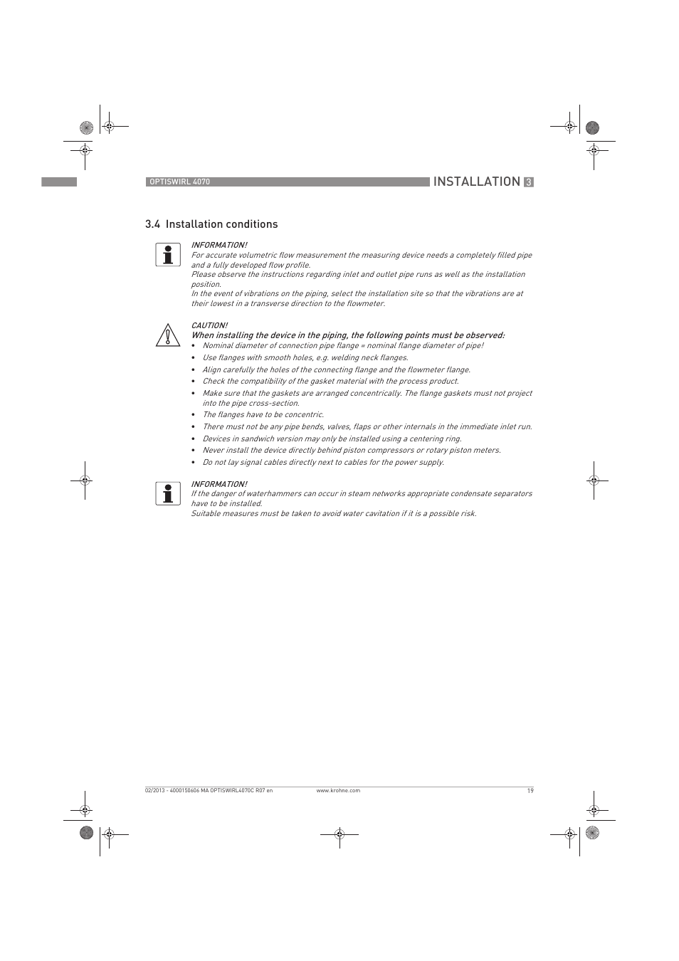 Installation, 4 installation conditions | KROHNE OPTISWIRL 4070 EN User Manual | Page 19 / 84