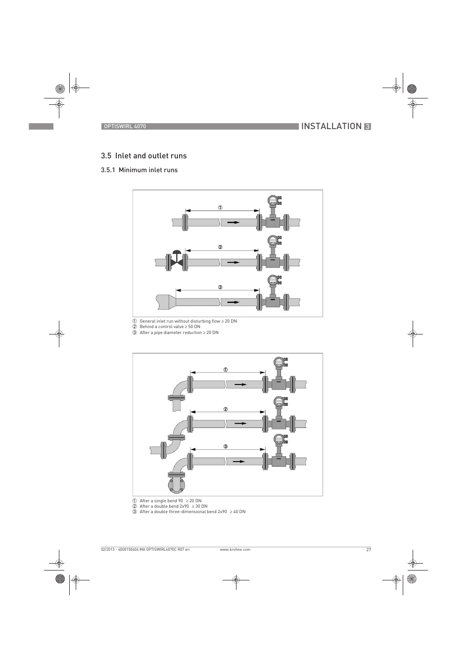 Installation, 5 inlet and outlet runs | KROHNE OPTISWIRL 4070 EN User Manual | Page 27 / 84