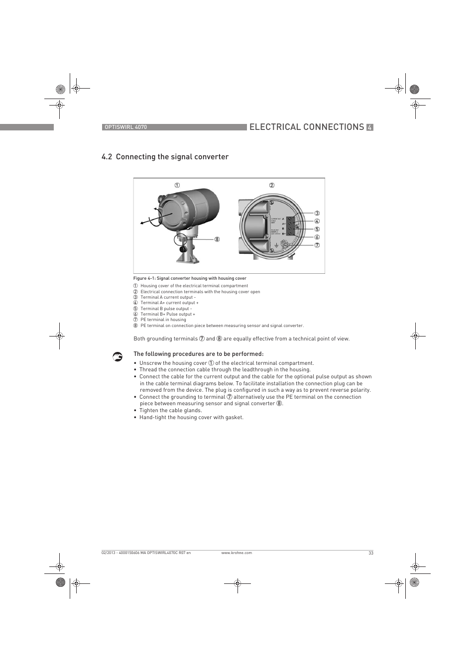 Electrical connections, 2 connecting the signal converter | KROHNE OPTISWIRL 4070 EN User Manual | Page 33 / 84