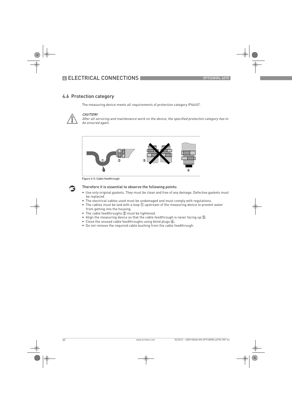 Electrical connections, 6 protection category | KROHNE OPTISWIRL 4070 EN User Manual | Page 40 / 84