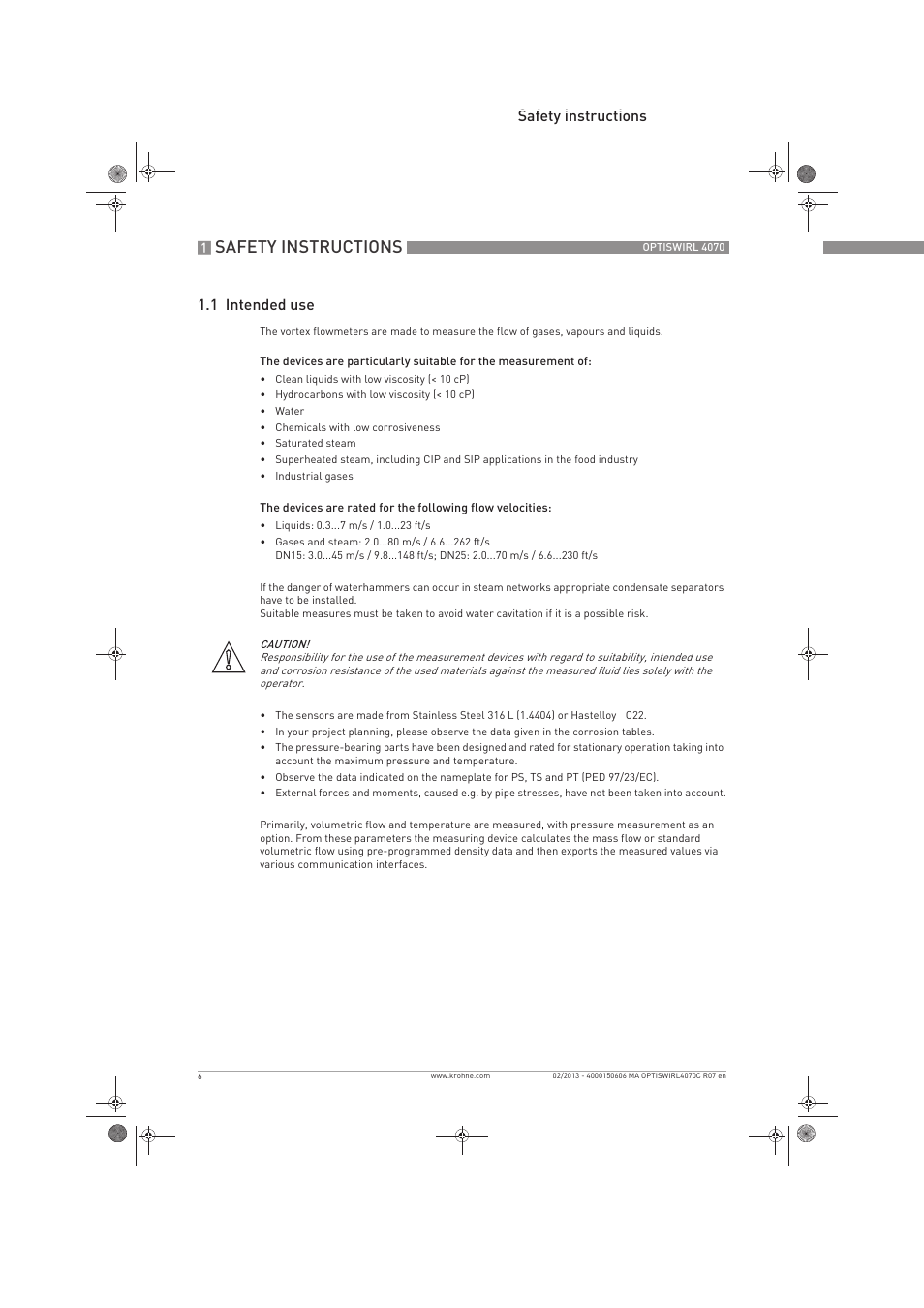 Safety instructions, Safety instructions 1.1 intended use | KROHNE OPTISWIRL 4070 EN User Manual | Page 6 / 84