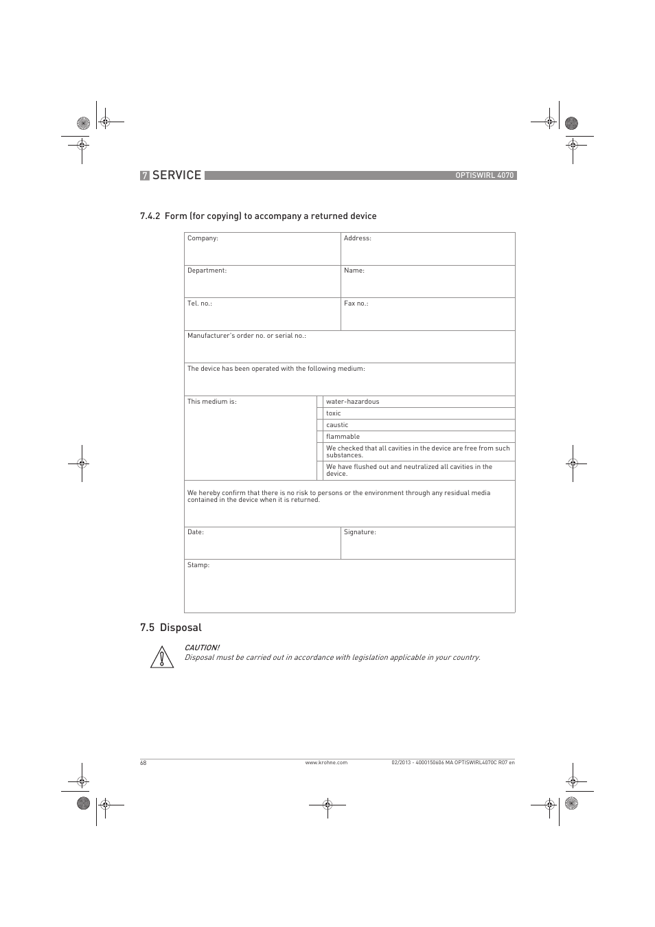 Service, 5 disposal | KROHNE OPTISWIRL 4070 EN User Manual | Page 68 / 84