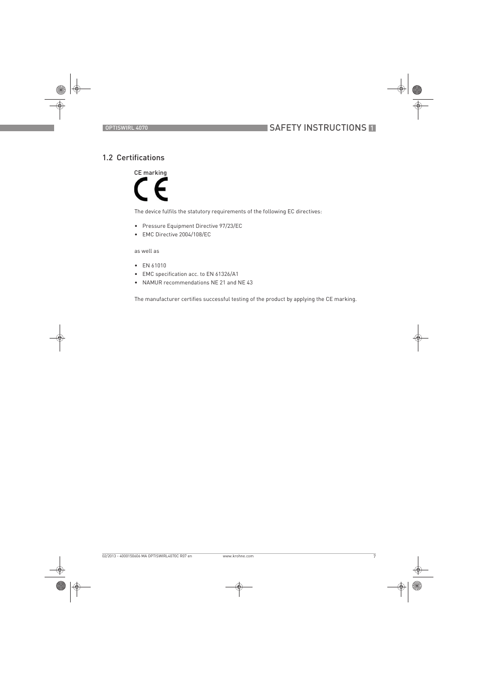 Safety instructions, 2 certifications | KROHNE OPTISWIRL 4070 EN User Manual | Page 7 / 84