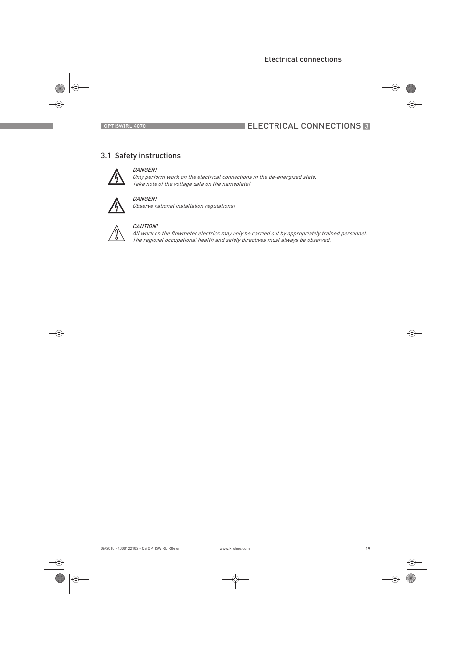 Electrical connections, Electrical connections 3.1 safety instructions | KROHNE OPTISWIRL 4070 Quickstart EN User Manual | Page 19 / 28