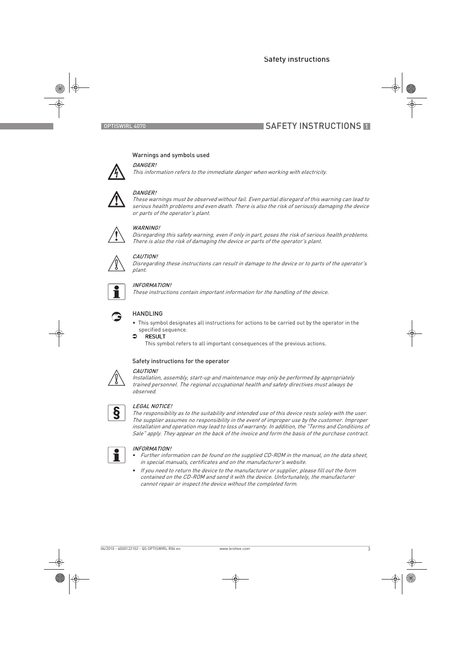 Safety instructions | KROHNE OPTISWIRL 4070 Quickstart EN User Manual | Page 3 / 28