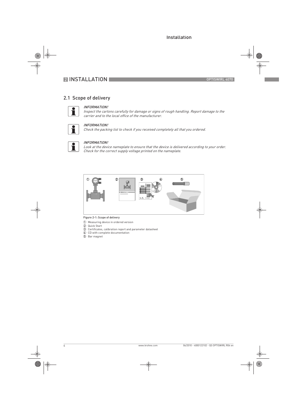 Installation, Installation 2.1 scope of delivery | KROHNE OPTISWIRL 4070 Quickstart EN User Manual | Page 4 / 28