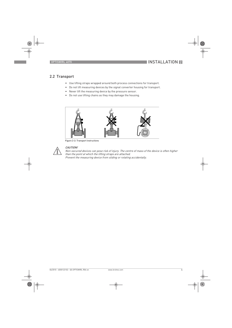 Installation, 2 transport | KROHNE OPTISWIRL 4070 Quickstart EN User Manual | Page 5 / 28