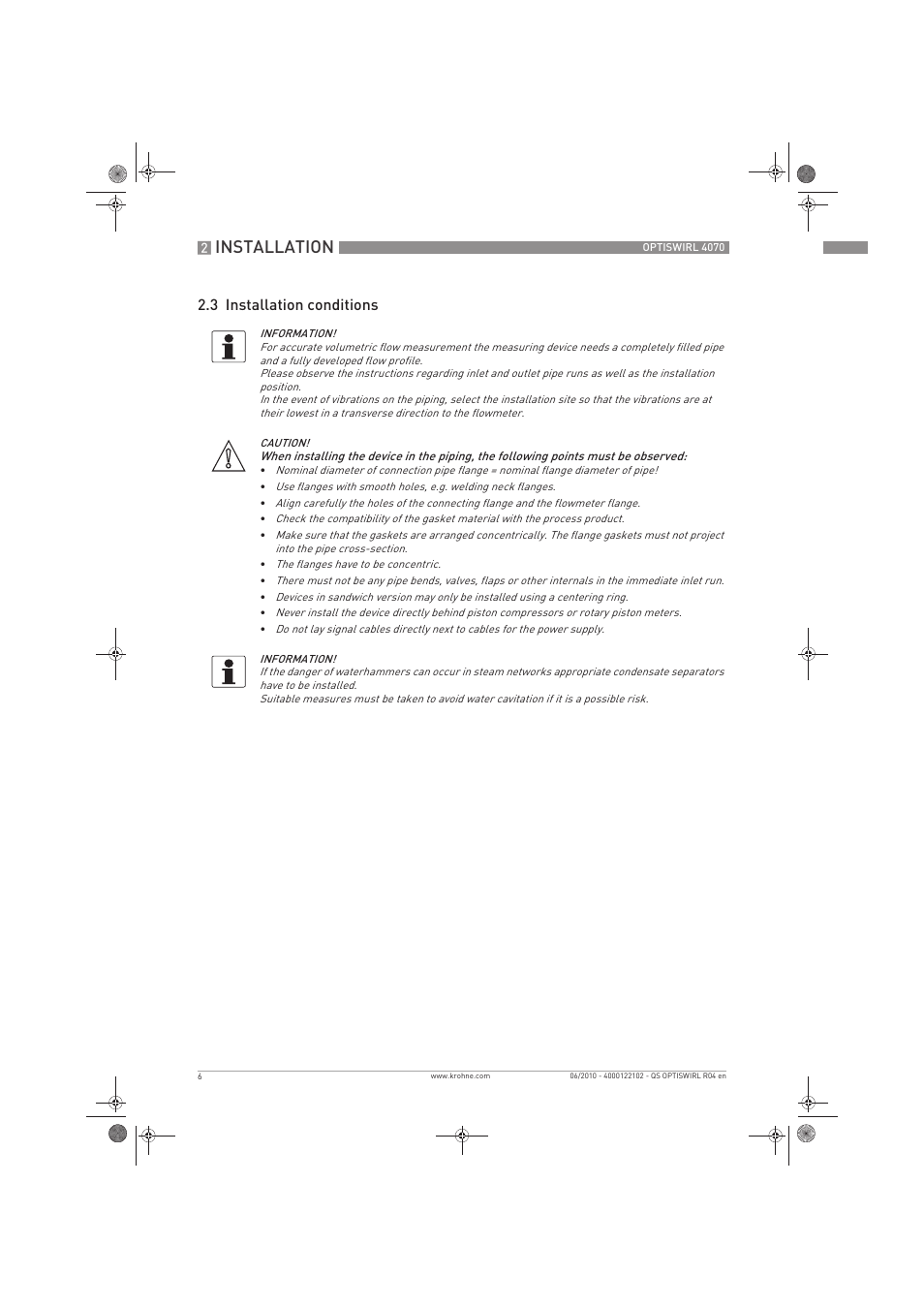 Installation, 3 installation conditions | KROHNE OPTISWIRL 4070 Quickstart EN User Manual | Page 6 / 28