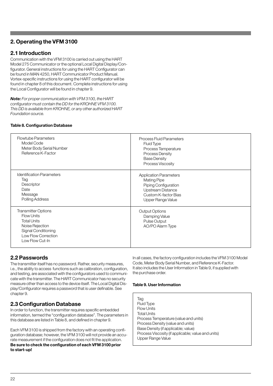 2 passwords, 3 configuration database | KROHNE VFM 3100 EN User Manual | Page 22 / 61