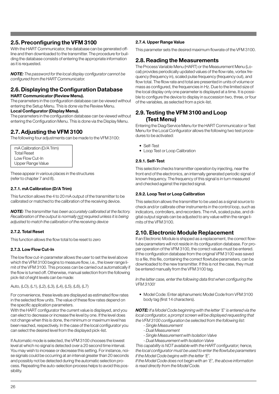 Preconfiguring the vfm 3100, Displaying the configuration database, Adjusting the vfm 3100 | Reading the measurements, Testing the vfm 3100 and loop (test menu), Electronic module replacement | KROHNE VFM 3100 EN User Manual | Page 26 / 61