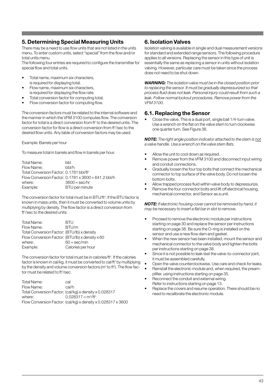 Determining special measuring units, Isolation valves, Replacing the sensor | KROHNE VFM 3100 EN User Manual | Page 43 / 61