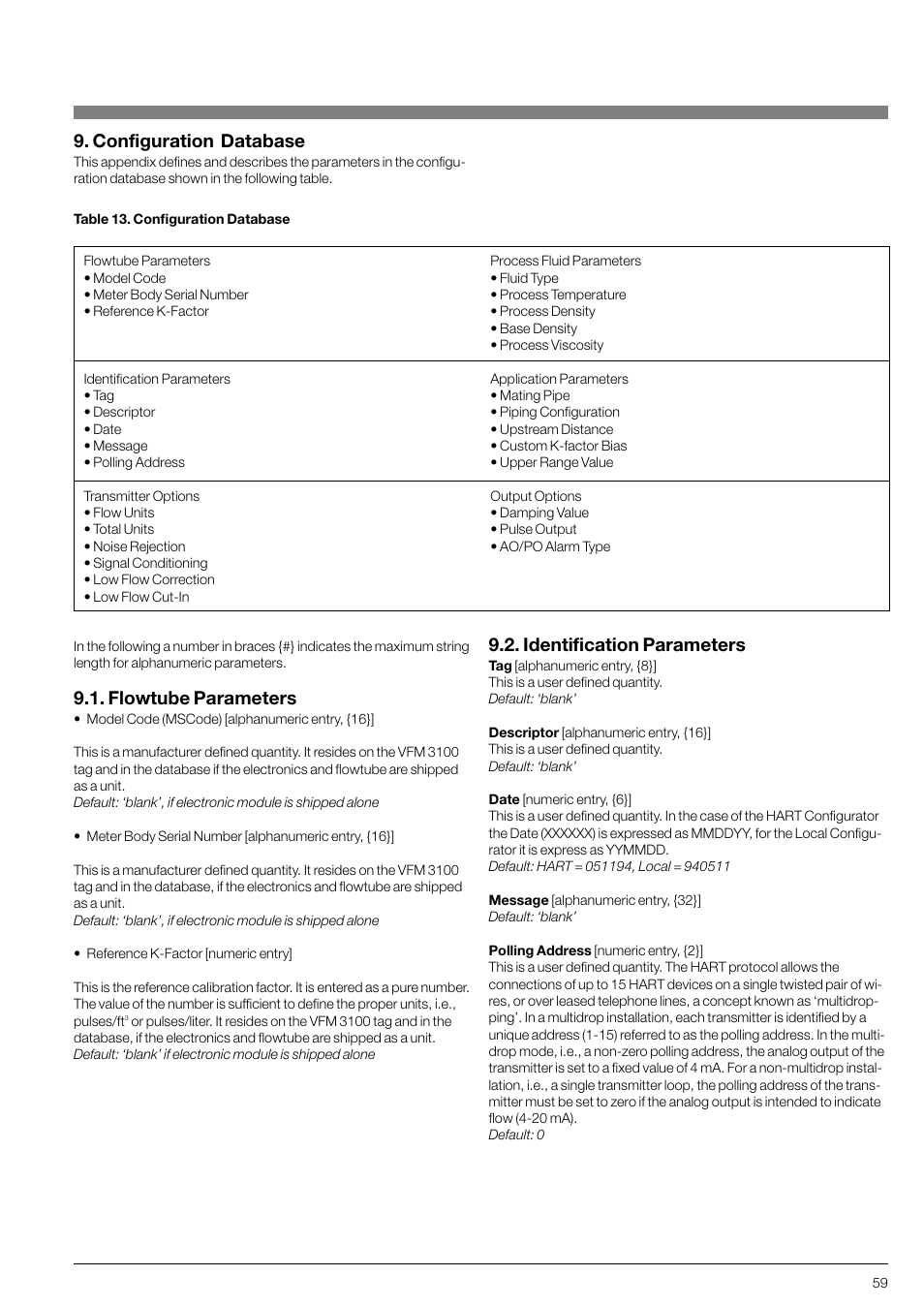 Configuration database, Flowtube parameters, Identification parameters | KROHNE VFM 3100 EN User Manual | Page 59 / 61
