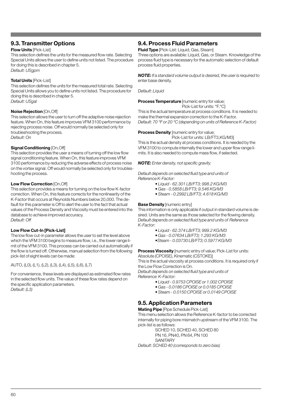 Transmitter options, Process fluid parameters, Application parameters | KROHNE VFM 3100 EN User Manual | Page 60 / 61