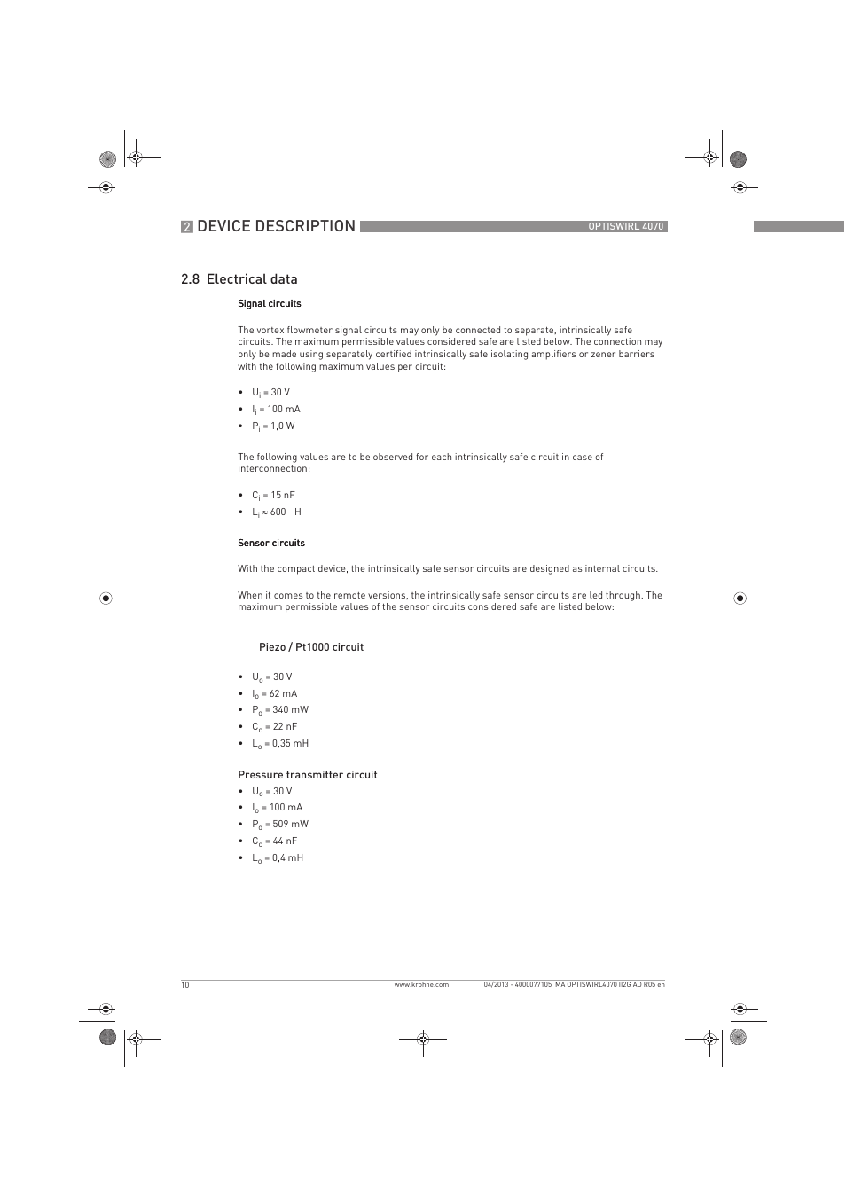 Device description, 8 electrical data | KROHNE OPTISWIRL 4070 ATEX II2G EN User Manual | Page 10 / 20