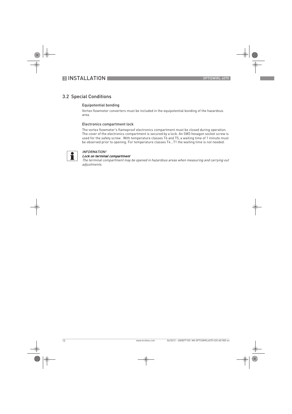Installation, 2 special conditions | KROHNE OPTISWIRL 4070 ATEX II2G EN User Manual | Page 12 / 20
