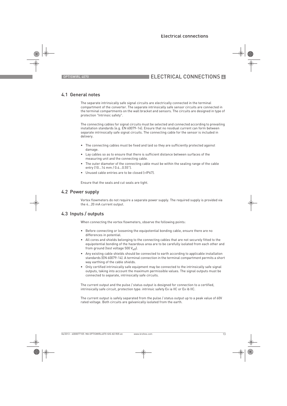 Electrical connections, 2 power supply, 3 inputs / outputs | KROHNE OPTISWIRL 4070 ATEX II2G EN User Manual | Page 13 / 20