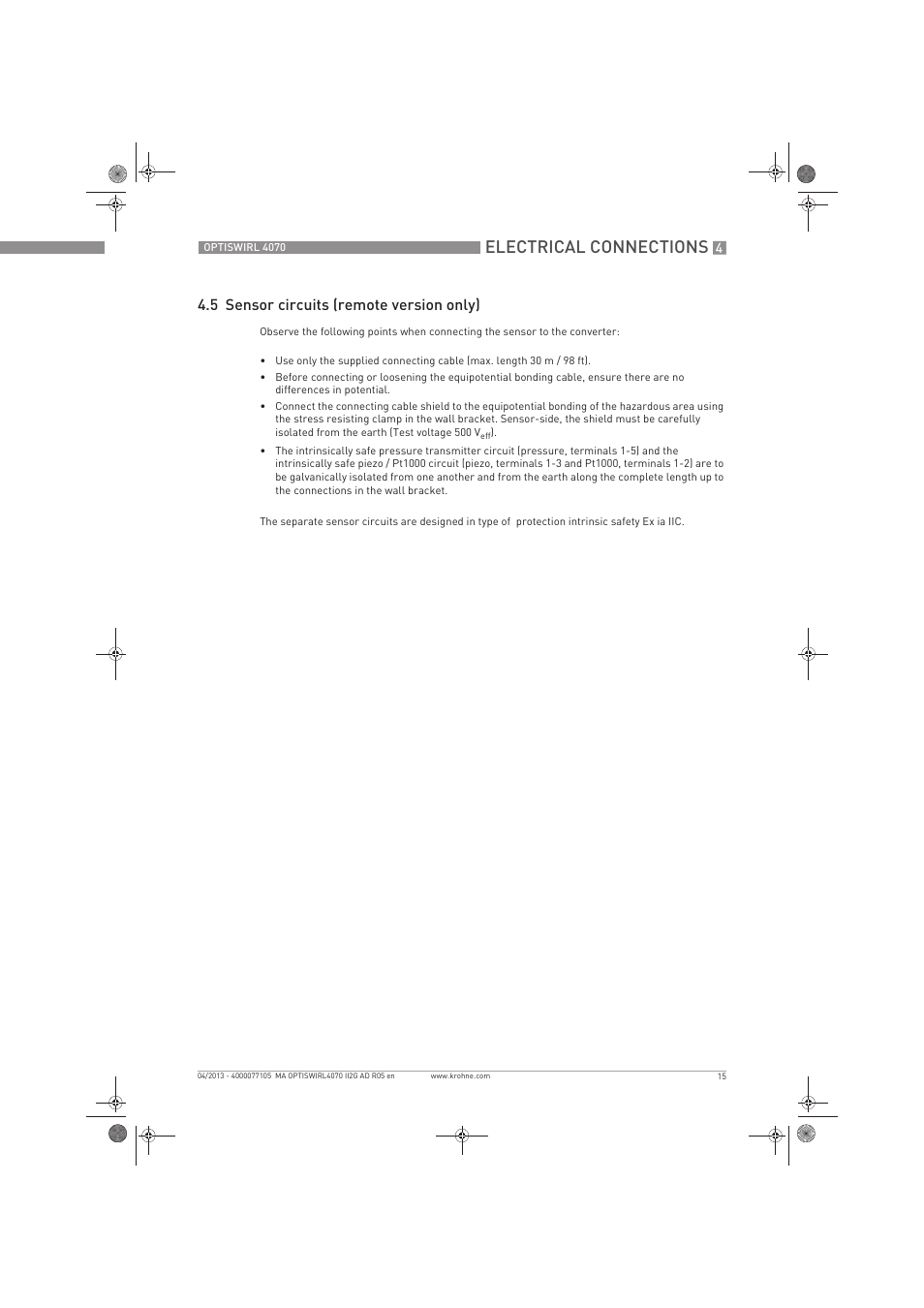 Electrical connections, 5 sensor circuits (remote version only) | KROHNE OPTISWIRL 4070 ATEX II2G EN User Manual | Page 15 / 20
