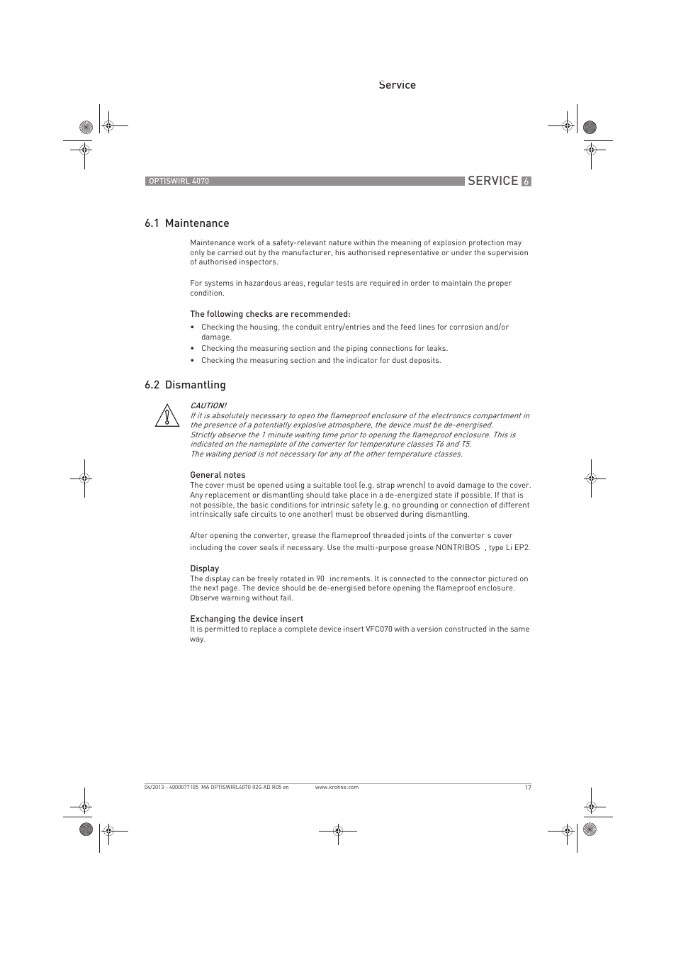 Service, Service 6.1 maintenance, 2 dismantling | KROHNE OPTISWIRL 4070 ATEX II2G EN User Manual | Page 17 / 20