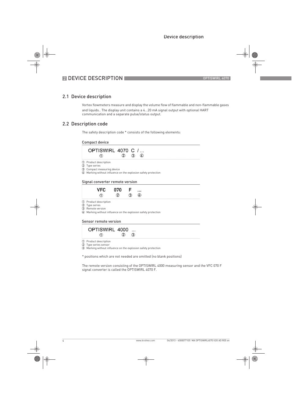 Device description, Device description 2.1 device description, 2 description code | KROHNE OPTISWIRL 4070 ATEX II2G EN User Manual | Page 4 / 20
