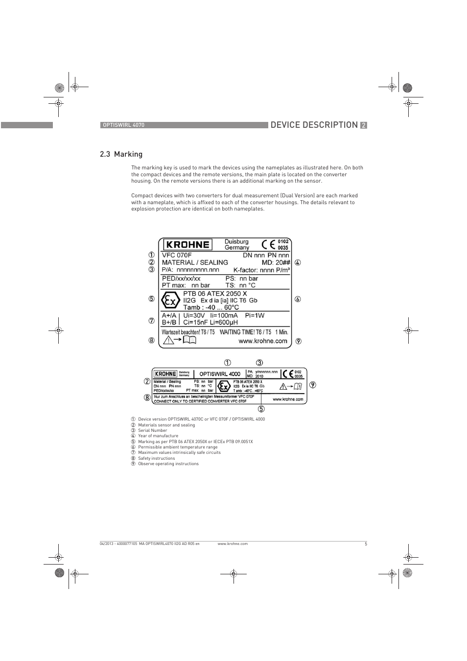 Device description, 3 marking | KROHNE OPTISWIRL 4070 ATEX II2G EN User Manual | Page 5 / 20