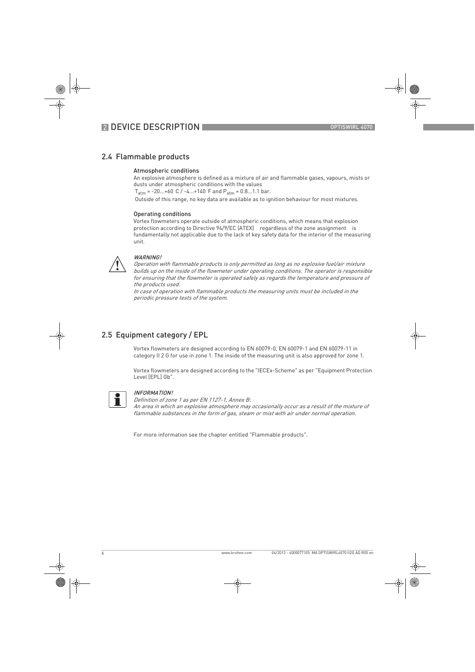 Device description, 4 flammable products, 5 equipment category / epl | KROHNE OPTISWIRL 4070 ATEX II2G EN User Manual | Page 6 / 20