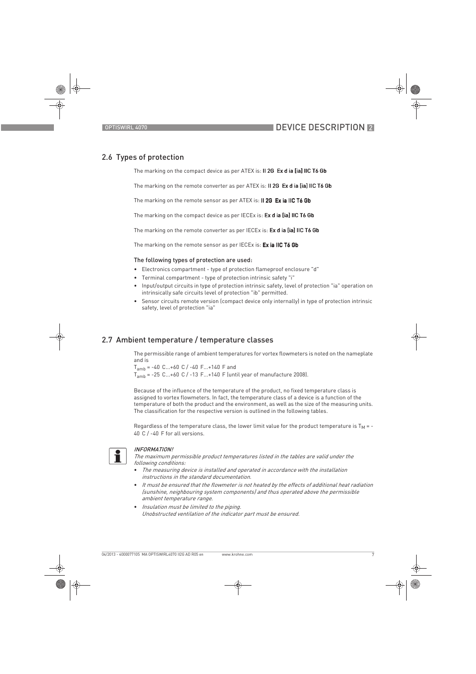 Device description, 6 types of protection, 7 ambient temperature / temperature classes | KROHNE OPTISWIRL 4070 ATEX II2G EN User Manual | Page 7 / 20