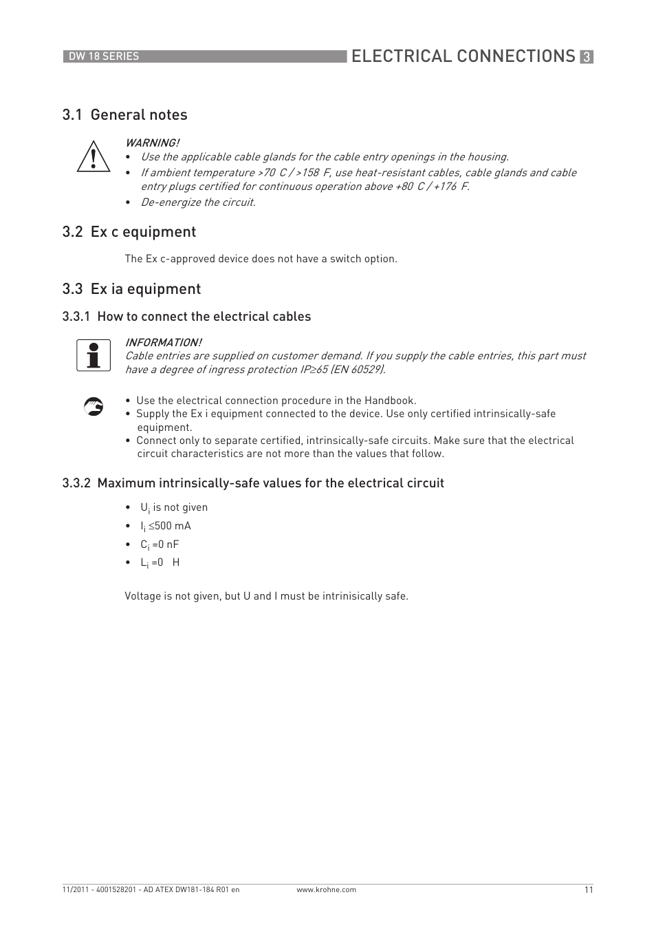 Electrical connections, 3 ex ia equipment | KROHNE DW 181-182-183-184 ATEX EN User Manual | Page 11 / 20