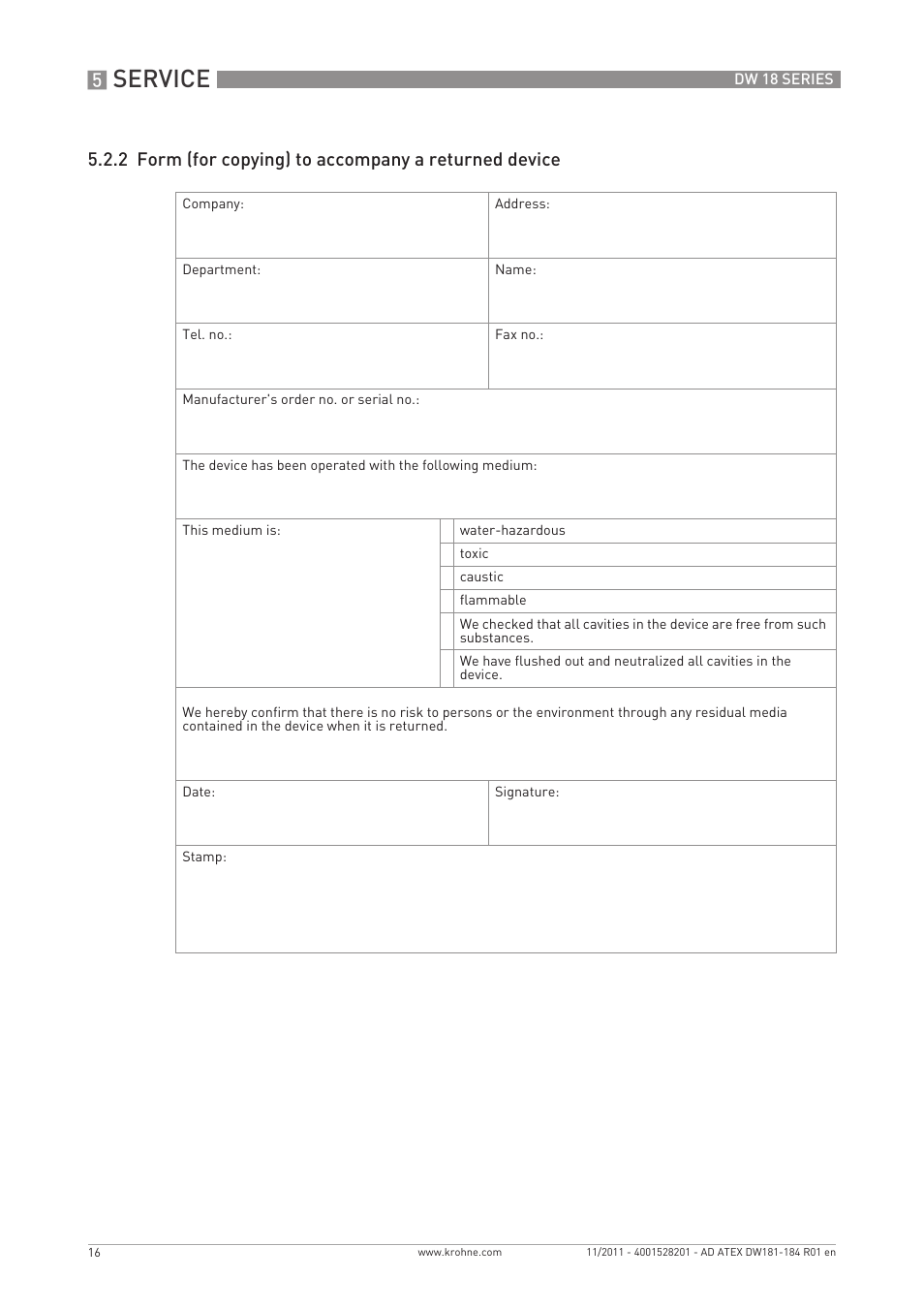 Service | KROHNE DW 181-182-183-184 ATEX EN User Manual | Page 16 / 20