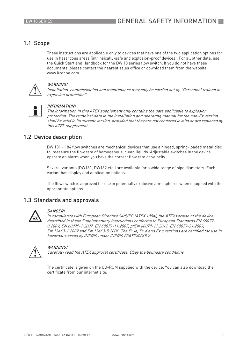 General safety information, 1 scope, 2 device description | 3 standards and approvals | KROHNE DW 181-182-183-184 ATEX EN User Manual | Page 3 / 20