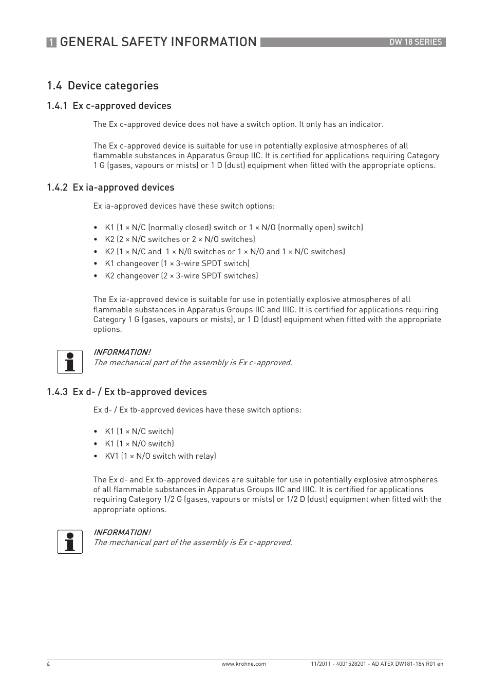 General safety information, 4 device categories | KROHNE DW 181-182-183-184 ATEX EN User Manual | Page 4 / 20