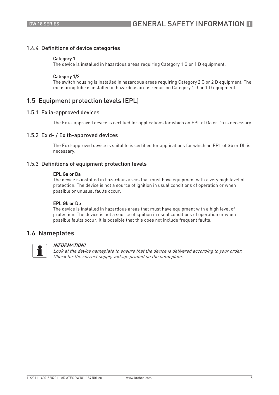 General safety information, 5 equipment protection levels (epl), 6 nameplates | KROHNE DW 181-182-183-184 ATEX EN User Manual | Page 5 / 20