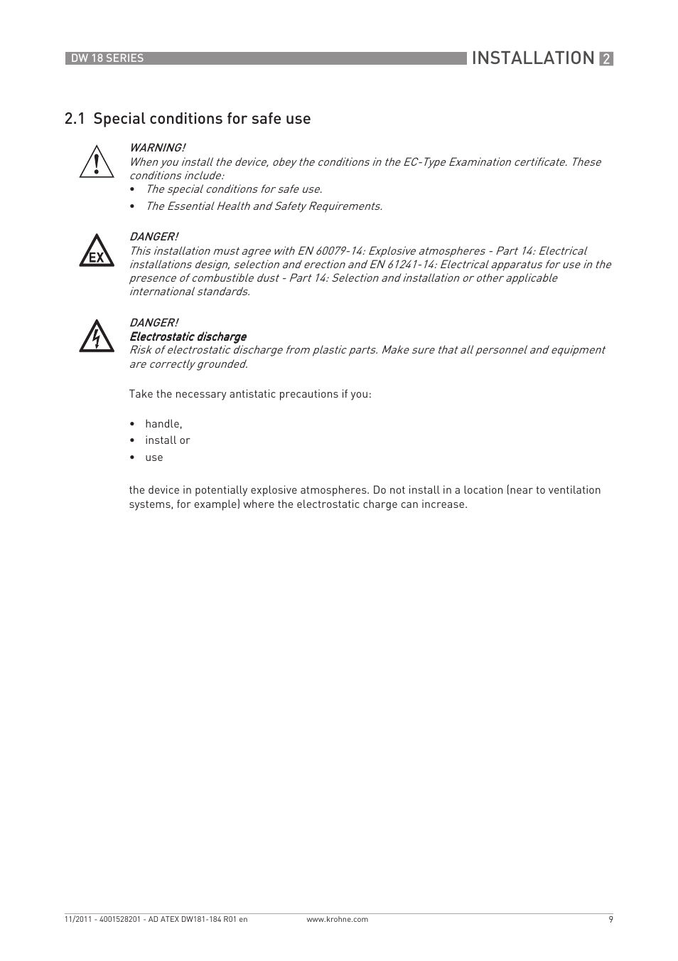 Installation, 1 special conditions for safe use | KROHNE DW 181-182-183-184 ATEX EN User Manual | Page 9 / 20