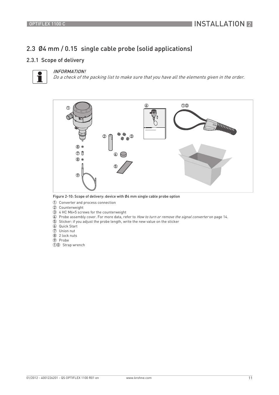 Installation, 1 scope of delivery | KROHNE OPTIFLEX 1100C Quickstart EN User Manual | Page 11 / 20