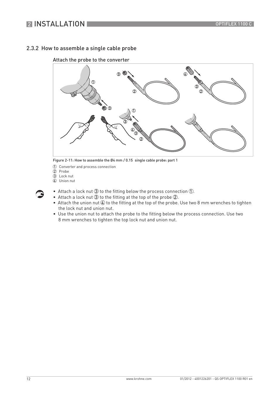 Installation, 2 how to assemble a single cable probe | KROHNE OPTIFLEX 1100C Quickstart EN User Manual | Page 12 / 20